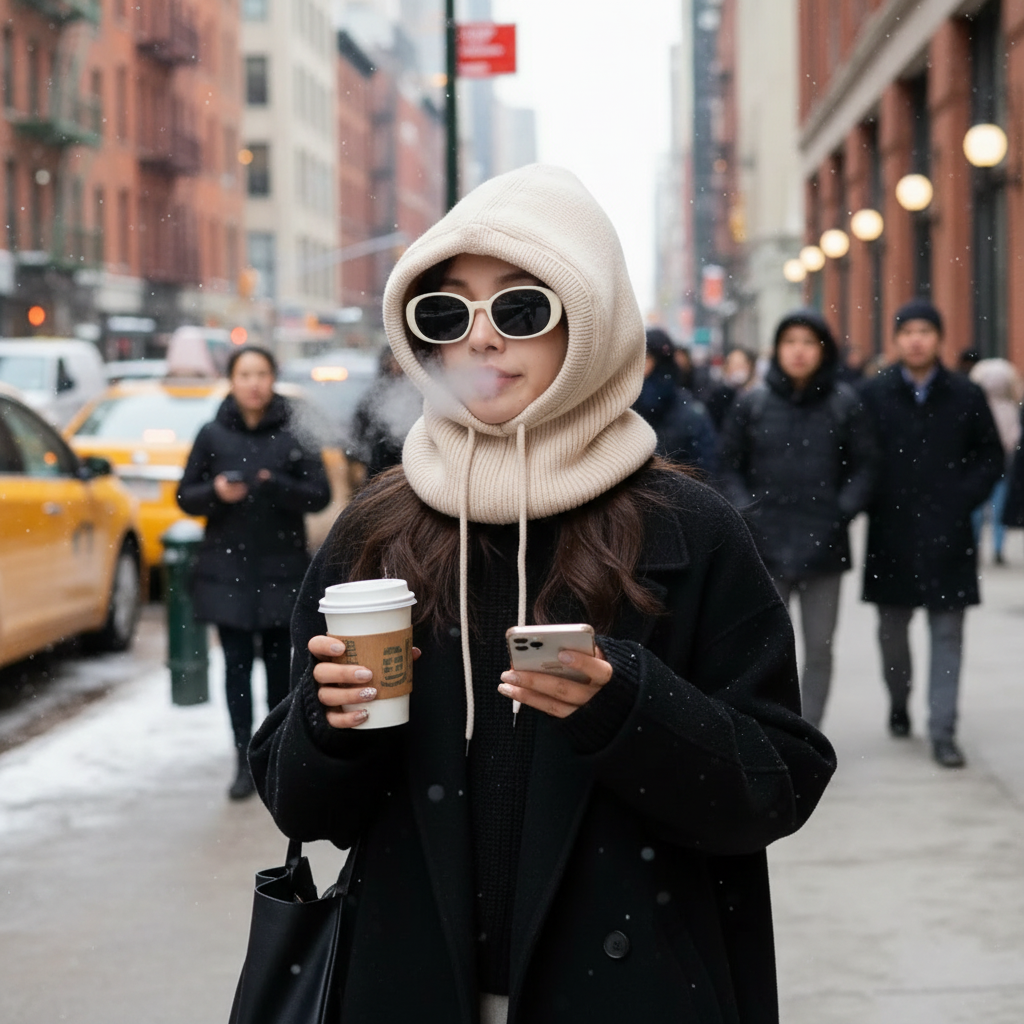 Knitted Hooded Caps Winter Balaclava Hats Women Korean Style Outdoor Warmer Drawstring Hats One-piece Neck Collar Beanies Cap