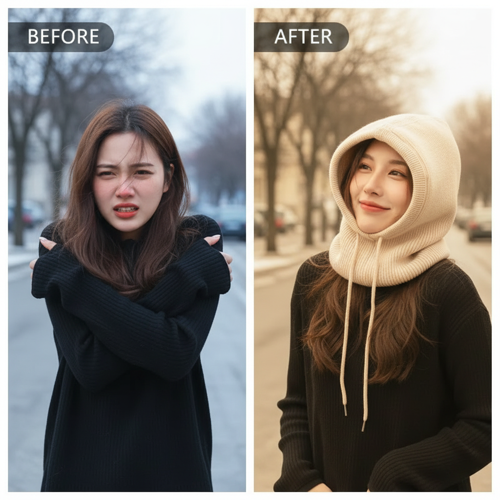 Knitted Hooded Caps Winter Balaclava Hats Women Korean Style Outdoor Warmer Drawstring Hats One-piece Neck Collar Beanies Cap