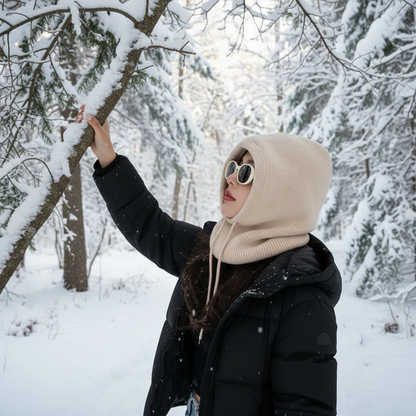 Knitted Hooded Caps Winter Balaclava Hats Women Korean Style Outdoor Warmer Drawstring Hats One-piece Neck Collar Beanies Cap