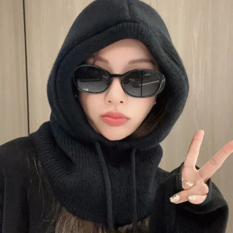 Knitted Hooded Caps Winter Balaclava Hats Women Korean Style Outdoor Warmer Drawstring Hats One-piece Neck Collar Beanies Cap