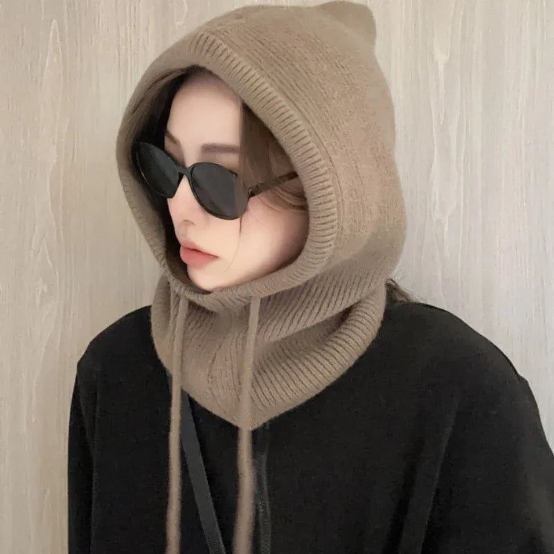 Knitted Hooded Caps Winter Balaclava Hats Women Korean Style Outdoor Warmer Drawstring Hats One-piece Neck Collar Beanies Cap