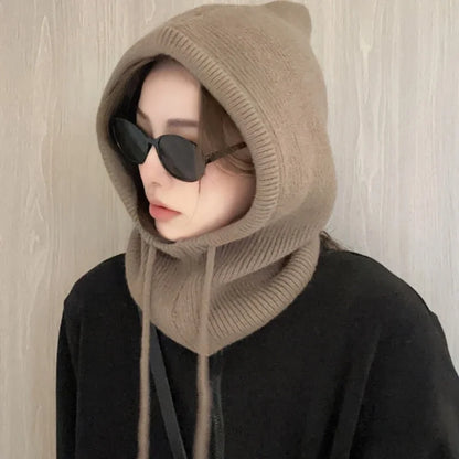 Knitted Hooded Caps Winter Balaclava Hats Women Korean Style Outdoor Warmer Drawstring Hats One-piece Neck Collar Beanies Cap