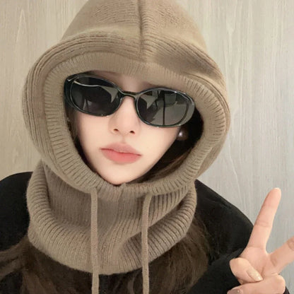 Knitted Hooded Caps Winter Balaclava Hats Women Korean Style Outdoor Warmer Drawstring Hats One-piece Neck Collar Beanies Cap